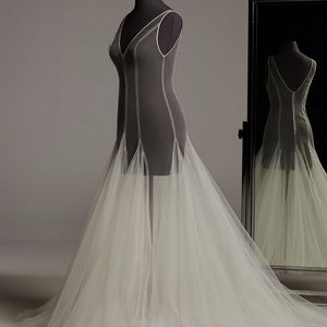 White by Vera Wang Plunging Tulle Godet Overdress